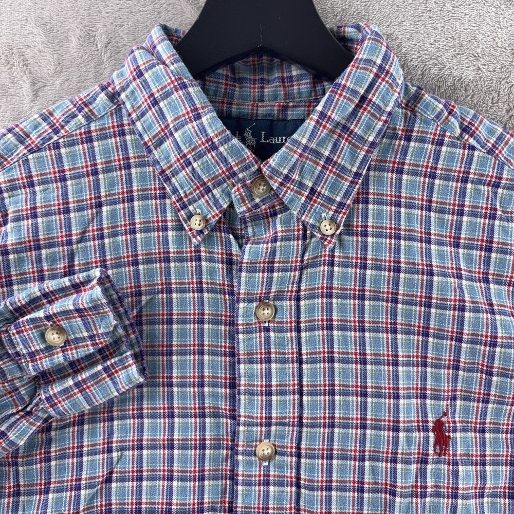 Ralph Lauren Plaid Button Down Shirt Mens‎ Medium Blue Red Classic Fit Casual